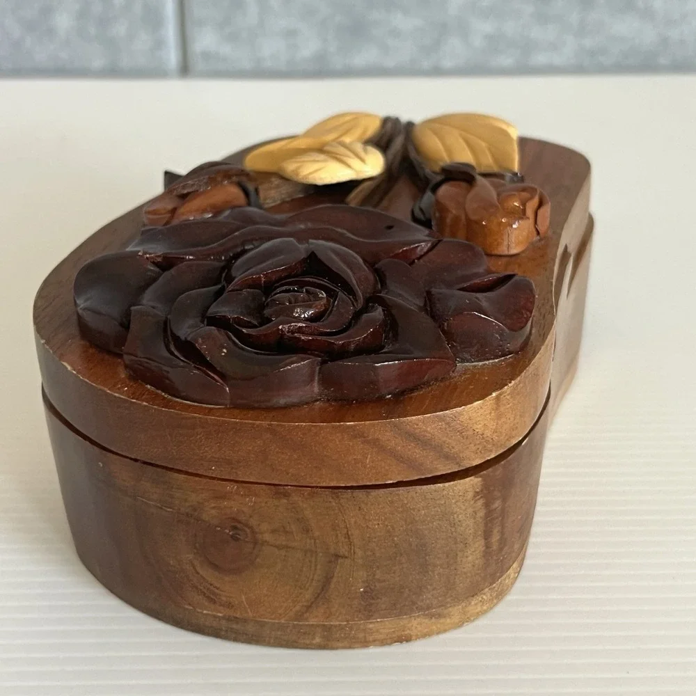 Handcrafted Wooden Floral Puzzle Box with Carved Rose and Red Velvet Lining